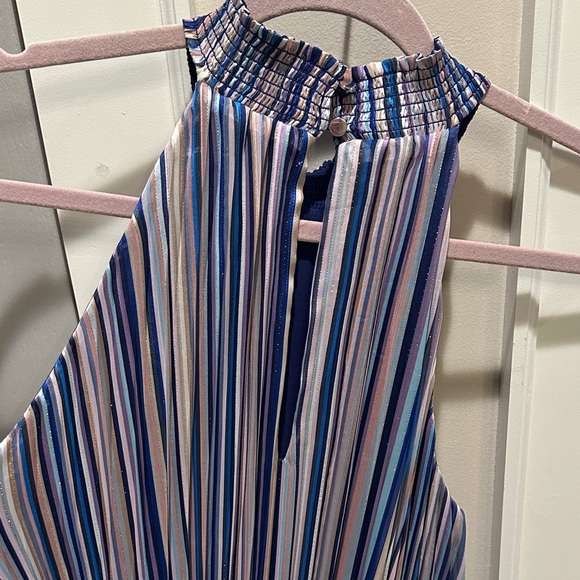 White House Black Market Navy and Warm Tones Gold Striped Halter Dress - Picture 10 of 15